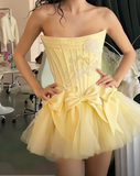 White Strapless A-Line Satin Tulle Short Prom Dresses Homecoming Dresses with Bow HZ1024