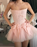 White Strapless A-Line Satin Tulle Short Prom Dresses Homecoming Dresses with Bow HZ1024