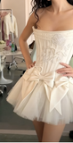 White Strapless A-Line Satin Tulle Short Prom Dresses Homecoming Dresses with Bow HZ1024
