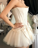 White Strapless A-Line Satin Tulle Short Prom Dresses Homecoming Dresses with Bow HZ1024