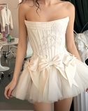White Strapless A-Line Satin Tulle Short Prom Dresses Homecoming Dresses with Bow HZ1024