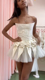 White Strapless A-Line Satin Tulle Short Prom Dresses Homecoming Dresses with Bow HZ1024