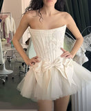 White Strapless A-Line Satin Tulle Short Prom Dresses Homecoming Dresses with Bow HZ1024