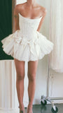 White Strapless A-Line Satin Tulle Short Prom Dresses Homecoming Dresses with Bow HZ1024