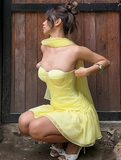 Butter Yellow Strapless A-Line Satin Tulle Short Prom Dresses Homecoming Dresses HZ1024