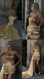 Yellow Spaghetti Straps Sheath Satin Short Prom Dresses Homecoming Dresses HZ1024