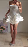 White Strapsless A-Line Satin Short Prom Dresses Homecoming Dresses with Bow HZ1024