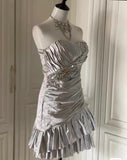 Silver Strapless Sheath Satin Beaded Short Prom Dresses Homecoming Dresses HZ1024