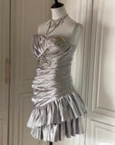 Silver Strapless Sheath Satin Beaded Short Prom Dresses Homecoming Dresses HZ1024