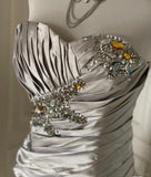 Silver Strapless Sheath Satin Beaded Short Prom Dresses Homecoming Dresses HZ1024