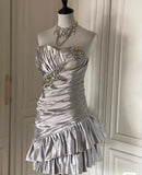 Silver Strapless Sheath Satin Beaded Short Prom Dresses Homecoming Dresses HZ1024