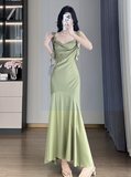 Ruffle Satin Swing Neck Suspender Dress Fishtail Maxi Dress HZ1024