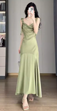 Ruffle Satin Swing Neck Suspender Dress Fishtail Maxi Dress HZ1024