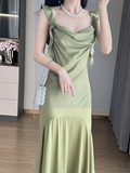 Ruffle Satin Swing Neck Suspender Dress Fishtail Maxi Dress HZ1024