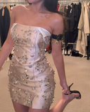 Champagne Strapless Bodycon Satin Beaded Short Prom Dresses Fashion Homecoming Dresses HZ1024