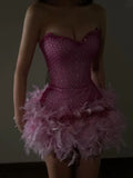 Fuchsia Strapless Bodycon Beading Feathers Short Prom Dresses Fashion Homecoming Dresses HZ1024