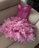 Fuchsia Strapless Bodycon Beading Feathers Short Prom Dresses Fashion Homecoming Dresses HZ1024
