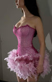 Fuchsia Strapless Bodycon Beading Feathers Short Prom Dresses Fashion Homecoming Dresses HZ1024