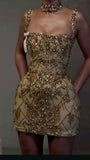 Light Champagne Spaghetti Straps Bodycon Beaded Short Prom Dresses Homecoming Dresses with Rhinestones HZ1024