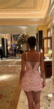 Pink Square Neck Bodycon Satin Beaded Short Prom Dresses Homecoming Dresses with Appliques HZ1024