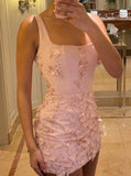 Pink Square Neck Bodycon Satin Beaded Short Prom Dresses Homecoming Dresses with Appliques HZ1024