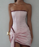 Pink Strapless Bodycon Satin Short Prom Dresses Homecoming Dresses HZ1024