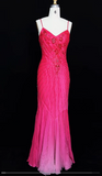 Hot Pink Spaghetti Straps Mermaid Beaded Chiffon Long Prom Dresses Elegant Evening Gowns HZ1024