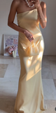 Butter Yellow One Shoulder Sheath Satin Long Prom Dresses Formal Evening Gowns HZ1024