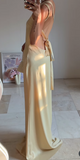 Butter Yellow One Shoulder Sheath Satin Long Prom Dresses Formal Evening Gowns HZ1024