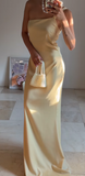 Butter Yellow One Shoulder Sheath Satin Long Prom Dresses Formal Evening Gowns HZ1024