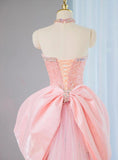 Pink Strapless Mermaid Tulle Beaded Long Prom Dresses Wedding Dress with Bow HZ1024