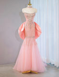 Pink Strapless Mermaid Tulle Beaded Long Prom Dresses Wedding Dress with Bow HZ1024