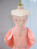 Pink Strapless Mermaid Tulle Beaded Long Prom Dresses Wedding Dress with Bow HZ1024