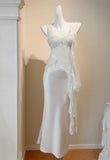 White Spaghetti Straps Sheath Satin Chiffon Long Prom Dresses Birthday Evening Gowns HZ1024