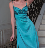 Blue Spaghetti Straps Sheath Satin Long Prom Dresses French Evening Gowns HZ1024