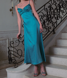 Blue Spaghetti Straps Sheath Satin Long Prom Dresses French Evening Gowns HZ1024