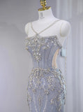 Lilac Strapless Mermaid Tulle Rhinestone Long Prom Dresses Formal Evening Gowns HZ1024