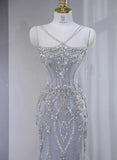 Lilac Strapless Mermaid Tulle Rhinestone Long Prom Dresses Formal Evening Gowns HZ1024