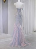 Lilac Strapless Mermaid Tulle Rhinestone Long Prom Dresses Formal Evening Gowns HZ1024