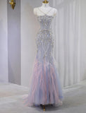Lilac Strapless Mermaid Tulle Rhinestone Long Prom Dresses Formal Evening Gowns HZ1024