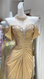 Yellow Off Shoulder Mermaid Satin Long Prom Dresses Formal Evening Gowns HZ1024