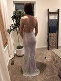 Purple Spaghetti Straps Mermaid Sequin Satin Long Prom Dresses Formal Evening Gowns with Open Back HZ1024