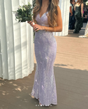 Purple Spaghetti Straps Mermaid Sequin Satin Long Prom Dresses Formal Evening Gowns with Open Back HZ1024