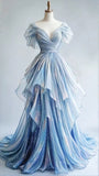 Ice Blue V-Neck A-Line Tulle Long Prom Dresses HZ1024
