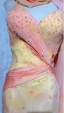 Yellow Spaghetti Straps Sheath Beaded Chiffon Long Prom Dresses Formal Evening Gowns with Open Back HZ1024