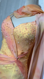 Yellow Spaghetti Straps Sheath Beaded Chiffon Long Prom Dresses Formal Evening Gowns with Open Back HZ1024