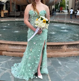 Green Off-the-shoulder Mermaid Tulle Beaded Long Prom Dresses Appliques Wedding Guest Dress Formal Dress HZ1024