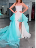 White Strapless Sheath Tulle Train Prom Dresses Formal Evening Gowns with Sequins HZ1024