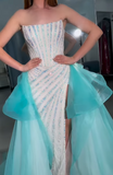 White Strapless Sheath Tulle Train Prom Dresses Formal Evening Gowns with Sequins HZ1024