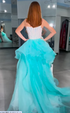 White Strapless Sheath Tulle Train Prom Dresses Formal Evening Gowns with Sequins HZ1024